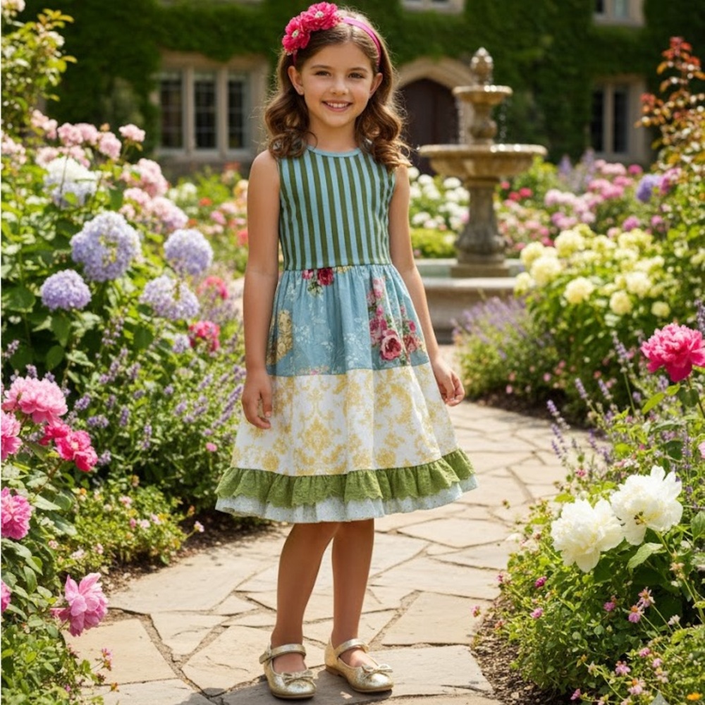 Giggle Moon Striped Floral Patchwork Dress for Girls
